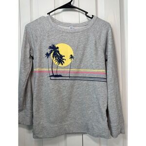 Old Navy Girls Gray Sweatshirt L 10-12 Palm Tree Sunset Graphic Pullover Side La